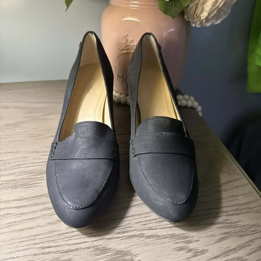 Calvin Klein Onada Black Faux Leather Slip On Loafer‎ Chunky Heels
